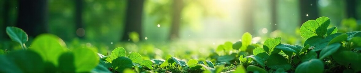 Ethereal Morning Mist in Lush Green Forest Dreamlike Sunlight and Dew Drops