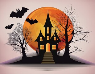 AI Generative A spooky Halloween scene featuring a haunted house, bats, and a full orange moon in the night sky.