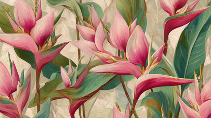 Pink flower green leaf tropical plant soft petal bold petal floral pattern botanical nature decorative elegant background vibrant