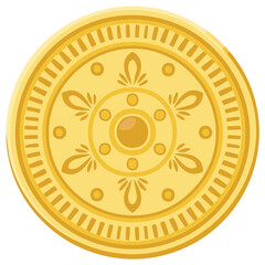 Ornate Gold Coin with Intricate Floral Pattern and Central Gem