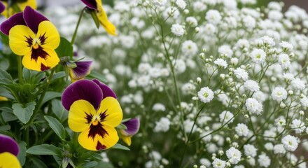 Close-up of yellow and purple pansy flowers with white baby's breath