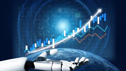 A modern robotic hand extends towards a rising bar graph symbolizing growth. The background features abstract technological elements, representing data trends and innovations. Copula - Powered by Adobe