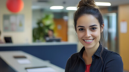 A smiling woman working at the municipal office reception.