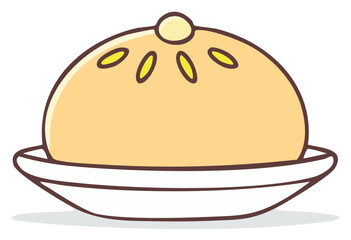 Cartoon illustration of a fresh steamed bun on a white plate.