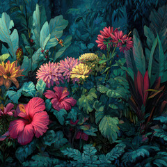 Tropical flower garden with lush green foliage, vibrant pink, yellow, and red blossoms, soft and bold petals, and serene, dreamy atmosphere in dense jungle setting