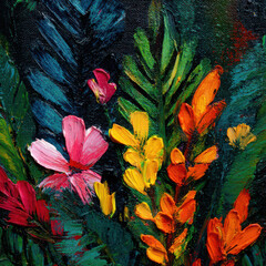 Colorful flower leaf petal oil painting textured vibrant abstract nature green yellow orange pink expressive