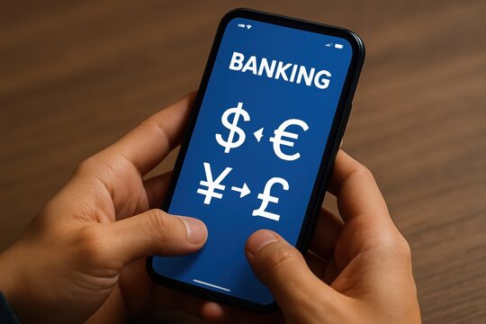 Person hands holding smartphone displaying banking app with currency symbols for global finance