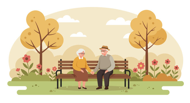 This flat design illustration portrays an elderly couple peacefully enjoying nature in a garden, symbolizing companionship and the therapeutic benefits of the outdoors for seniors.