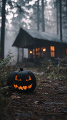 Jack o lantern on forest floor glowing in front of foggy cabin with warm window light creating eerie autumn atmosphere