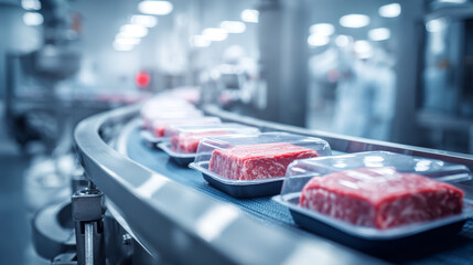 Vacuum sealed meat package packaged steak on conveyor in processing facility fresh red meat in plastic tray industrial production