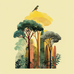 Colorful forest illustration with tall trees, lush foliage, and bird perched on top, featuring soft and bold petals pattern, evokes peaceful and serene atmosphere