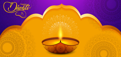 Diwali Festival Background with Ornate Glowing Diya Lamp, Bright Flame, Elegant Purple and Gold Mandala Pattern, Luxury Indian Celebration Artwork and Festive Light Design