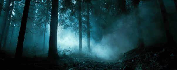 Misty forest at night with tall pine trees and blue atmospheric fog creating eerie mood