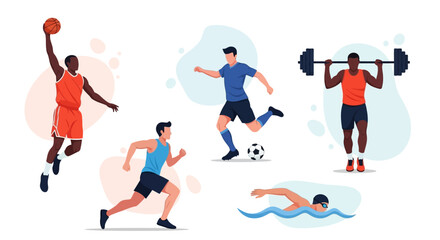 Dynamic athletes training in various sports like basketball, soccer, running, swimming, and weightlifting for fitness and healthy lifestyle goals