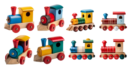 Colorful Wooden Toy Trains in Various Designs for Children Playtime, PNG bundle collection, Isolated on Transparent Background