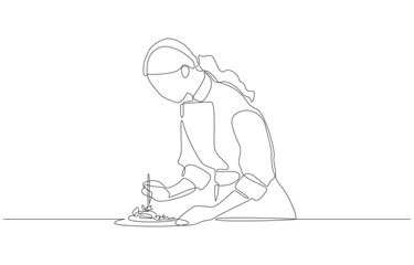 Continuous one line drawing of female pastry chef carefully plating dessert, symbolizing artistry, passion, and precision in culinary creation, single line art.