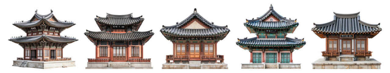 Traditional Asian Architecture with Distinct Roof Designs and Styles, PNG bundle collection, Isolated on Transparent Background