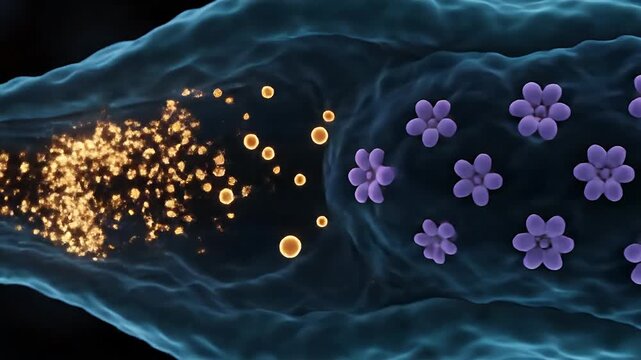 Detailed 3D animation of a synapse firing, showing neurotransmitters being released and binding to receptors.