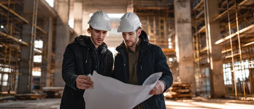 The Construction Workers Reviewing Blueprints in an Unfinished Industrial Building