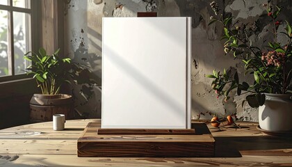 An empty white canvas is placed on a wooden easel, showcasing a clean and bright space, surrounded by greenery in decorative pots and natural light streaming through the window, creating a peaceful...