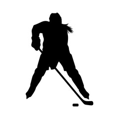 Silhouette of female hockey player with stick and puck on ice