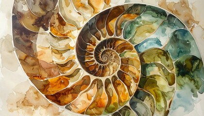 Ilustración en acuarela de espiral orgánica inspirada en concha marina con tonos tierra y azules suaves
