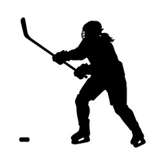 Silhouette of female hockey player in shooting stance with stick and puck on ice
