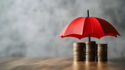 Stacked coins protected by a red umbrella on a wooden table against a white background, symbolizing wealth preservation, money-saving strategies, investment security