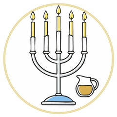 Fototapeta premium Illustration of a menorah with candles and a jug of oil on a white background