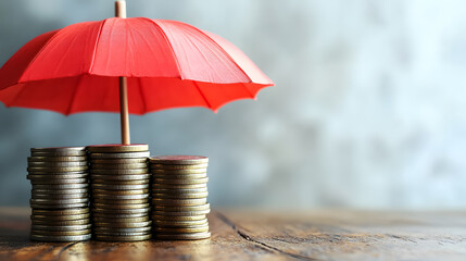 Stacked coins protected by a red umbrella on a wooden table against a white background, symbolizing wealth preservation, money-saving strategies, investment security