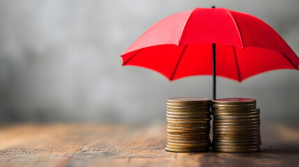 Stacked coins protected by a red umbrella on a wooden table against a white background, symbolizing wealth preservation, money-saving strategies, investment security