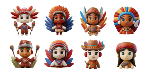 Colorful Cartoon Characters in Traditional Attire, PNG collection, set bundle, isolate on transparent or white background