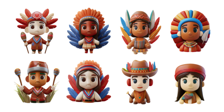 Colorful Cartoon Characters in Traditional Attire, PNG collection, set bundle, isolate on transparent or white background