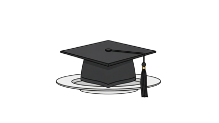 graduation cap with a tassel resting on a white dinner plate, symbolizing education and achievement.