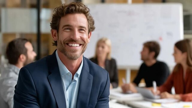 Confident Leader: A charismatic leader exudes confidence, radiating a warm smile as he oversees a meeting, showcasing the dynamism of teamwork and collaboration.