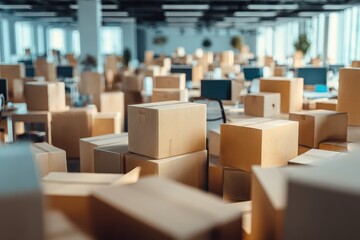 Office space cluttered with moving boxes as workers prepare for relocation during a busy weekday filled with activity and anticipation for the new workspace environment
