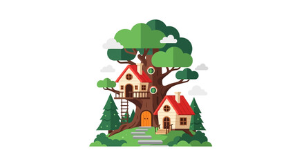 Charming cartoon treehouse and cottage illustration on a white background.