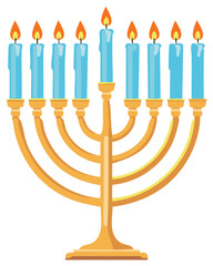 Traditional golden Hanukkah menorah with nine lit blue candles for the Festival of Lights celebration