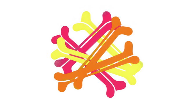 Abstract overlapping curved bone shapes isolated on transparent background. Dynamic yellow pink orange hook cluster. Modern graphic bone like objects.
