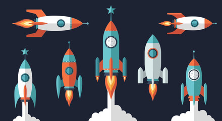 Collection of colorful retro rocket ships ready for space exploration and travel.