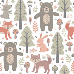 Charming woodland pattern featuring adorable cartoon bears foxes rabbits and trees in a whimsical forest setting
