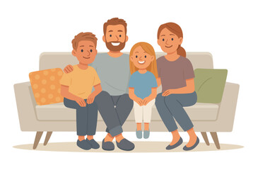 A family of four father, mother, son, and daughter sits together on a beige sofa
