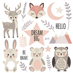 Cute woodland creatures and celestial elements for nursery decor and children s art featuring a deer fox rabbit bear owl moon and stars