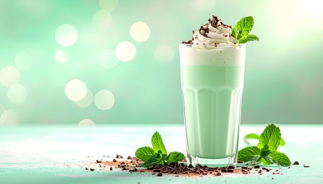 Batido de menta con nata montada y virutas de chocolate sobre fondo verde pastel iluminado con luz suave