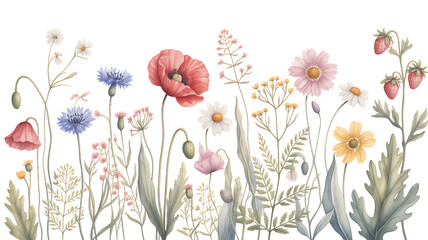 Delicate watercolor painting of a vibrant meadow filled with diverse wildflowers and lush green foliage in soft natural light