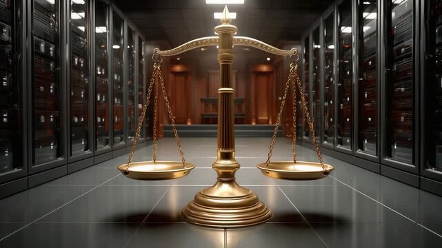 Data Justice Balance in a Server Room: A majestic golden balance scale stands with unwavering poise in a data center.