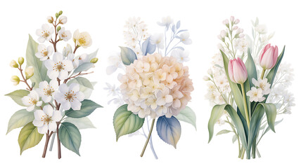 Delicate watercolor floral arrangements featuring white blossoms soft pink tulips and pale peach hydrangea for elegant spring or wedding decor