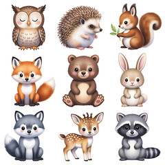 Adorable watercolor forest animals collection featuring an owl squirrel hedgehog fox bear rabbit deer and raccoon