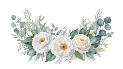 Delicate watercolor botanical arrangement featuring white roses eucalyptus and pampas grass for elegant floral design