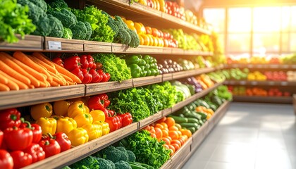 Pasillo de supermercado con estanterías llenas de verduras frescas y coloridas iluminadas por la luz del amanecer